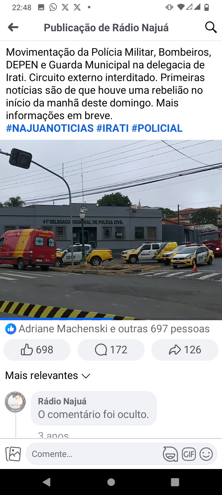 Movimentação da Polícia Militar, Bombeiros, DEPEN e Guarda Municipal na delegacia de Irati. Circuito externo interditado. Primeiras notícias são de que houve uma rebelião no início da manhã deste domingo. Mais informações em breve. #NAJUANOTICIAS #IRATI #POLICIAL